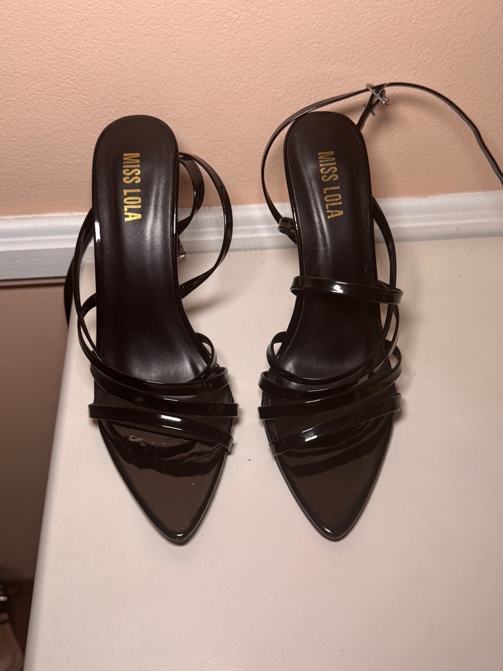 Miss Lola Black Patent Strappy Pointed-Toe Heels